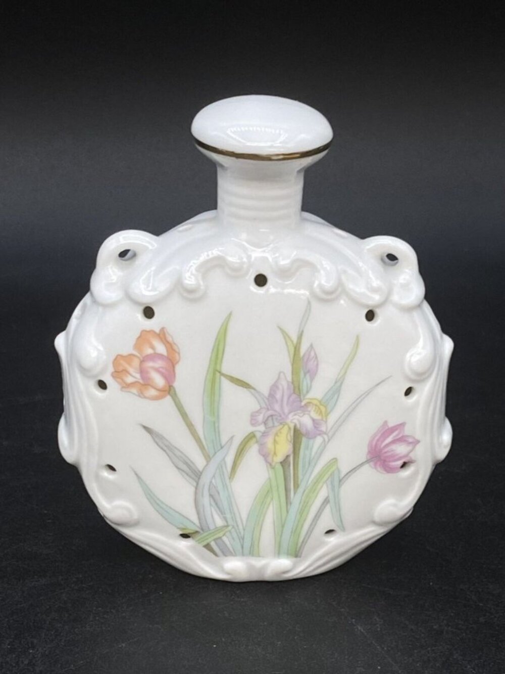 Neiman Marcus Porcelain Potpourri Sachet Iris & Daffodil Florals Japan 4”